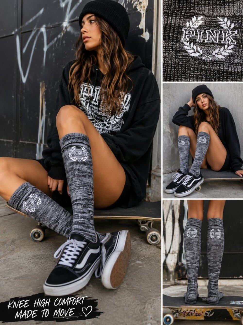 PINK Victoria’s Secret Knee High Socks Gray Marled Skater Streetwear